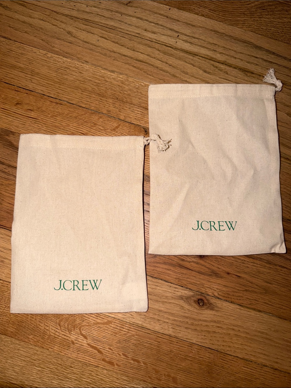 J. Crew Cream Canvas Drawstring Pouches with Green Logo (Set of 2) NEW